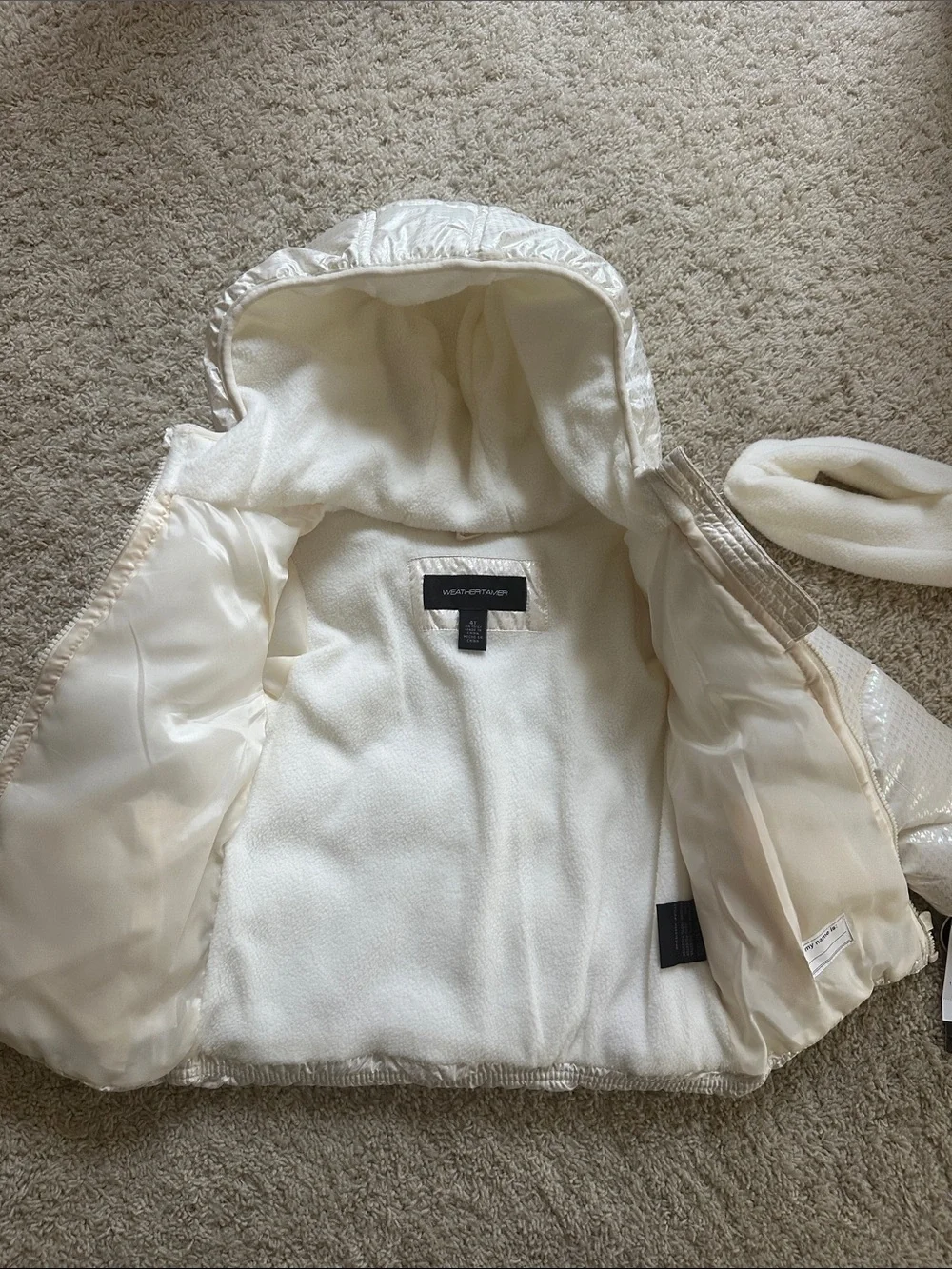 Girls' Shimmery Cream Hooded Puffer Jacket with Matching Headband